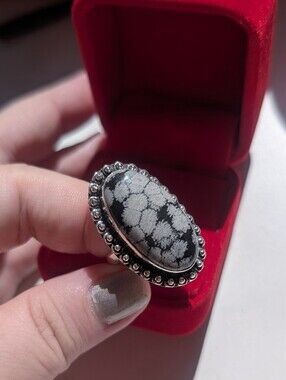 Vintage Handcrafted Genuine Snowflake Obsidian Set In Sterling Silver Size 8.5